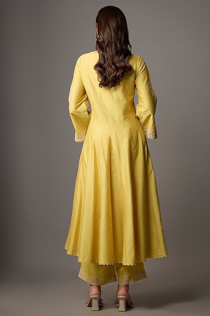 Mustard Cotton Silk Blend Sequins Embroidered Wedding Anarkali Set by Devnaagri at Pernia's Pop Up Shop