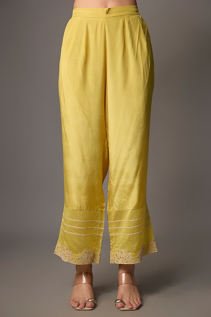 Mustard Cotton Silk Blend Sequins Embroidered Wedding Anarkali Set by Devnaagri at Pernia's Pop Up Shop