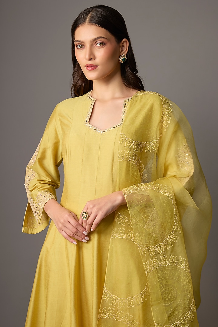 Mustard Cotton Silk Blend Sequins Embroidered Wedding Anarkali Set by Devnaagri at Pernia's Pop Up Shop