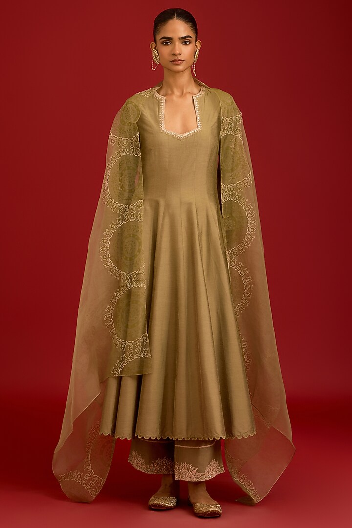 Olive Green Cotton Silk Blend Dori Embroidered Wedding Anarkali Set by Devnaagri at Pernia's Pop Up Shop