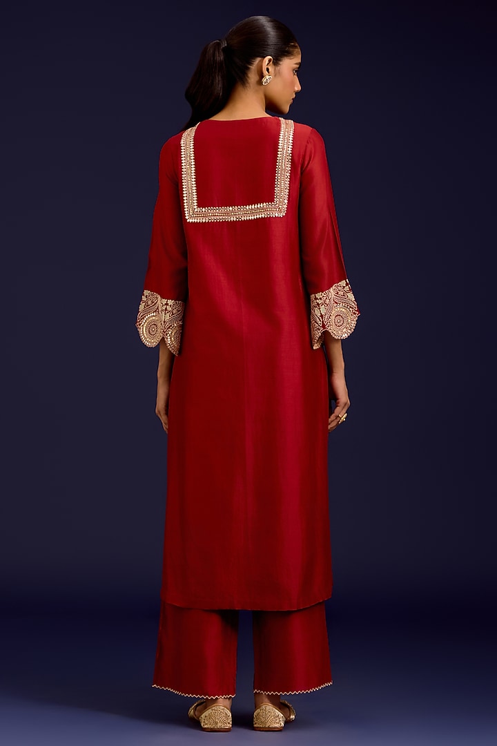 Rust Silk Chanderi Mirror Embroidered Kurta Set by Devnaagri at Pernia's Pop Up Shop