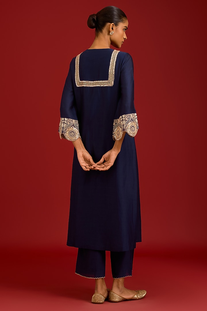 Navy Blue Silk Chanderi Mirror Embroidered Kurta Set by Devnaagri at Pernia's Pop Up Shop