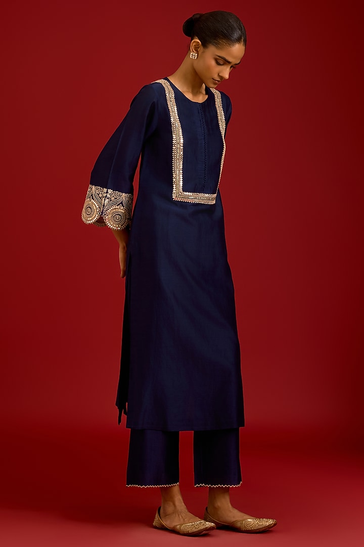 Navy Blue Silk Chanderi Mirror Embroidered Kurta Set by Devnaagri at Pernia's Pop Up Shop
