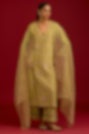 Olive Green Silk Chanderi Mirror Embroidered Kurta Set by Devnaagri at Pernia's Pop Up Shop