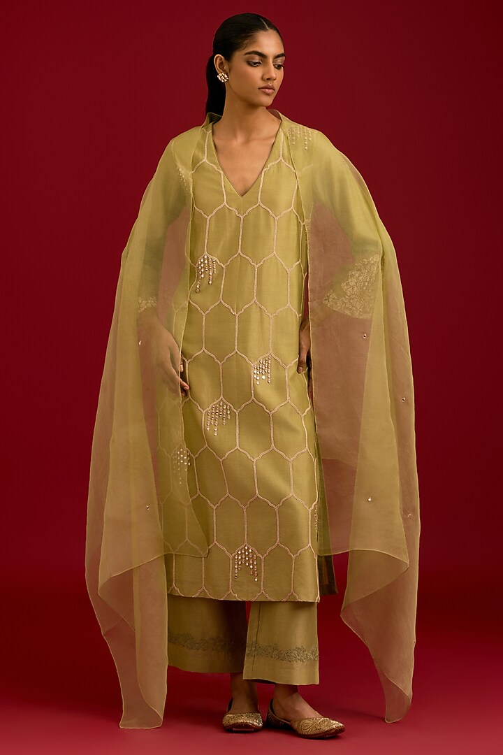 Olive Green Silk Chanderi Mirror Embroidered Kurta Set by Devnaagri at Pernia's Pop Up Shop
