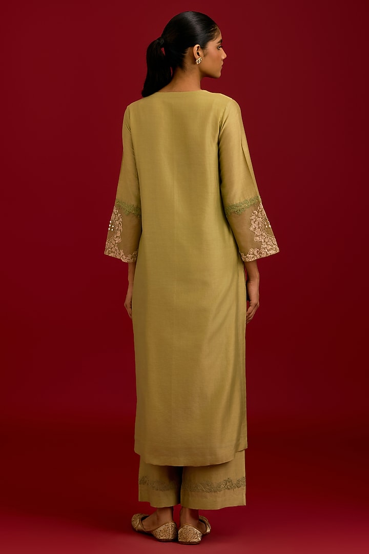 Olive Green Silk Chanderi Mirror Embroidered Kurta Set by Devnaagri at Pernia's Pop Up Shop