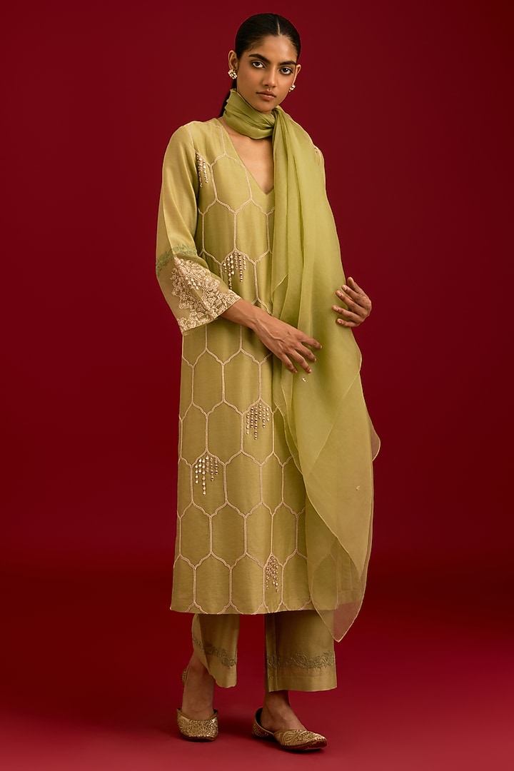 Olive Green Silk Chanderi Mirror Embroidered Kurta Set by Devnaagri at Pernia's Pop Up Shop