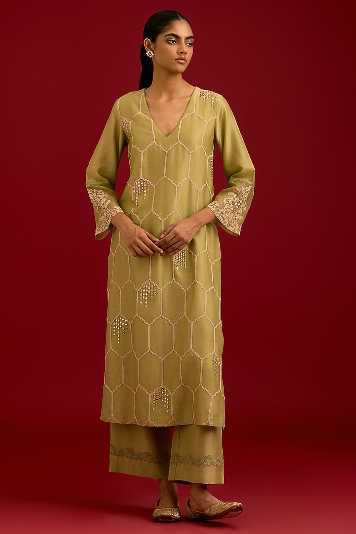 Olive Green Silk Chanderi Mirror Embroidered Kurta Set by Devnaagri at Pernia's Pop Up Shop