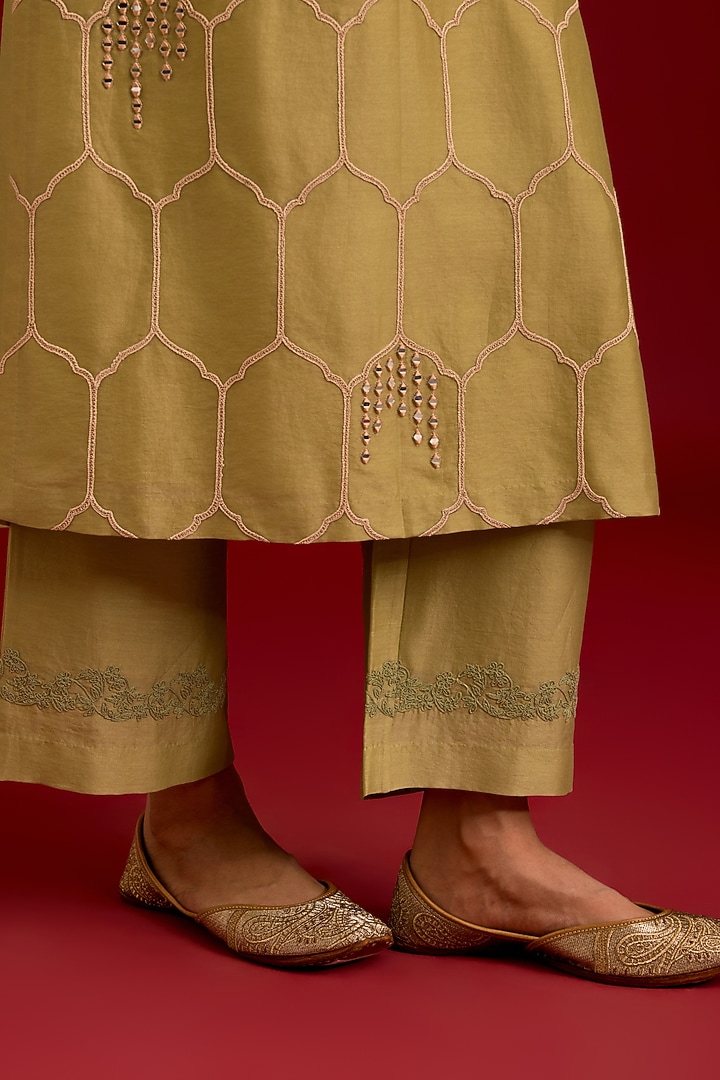Olive Green Silk Chanderi Mirror Embroidered Kurta Set by Devnaagri at Pernia's Pop Up Shop