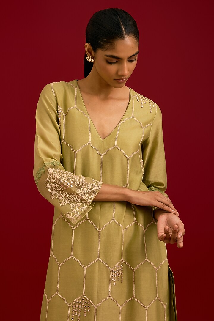 Olive Green Silk Chanderi Mirror Embroidered Kurta Set by Devnaagri at Pernia's Pop Up Shop