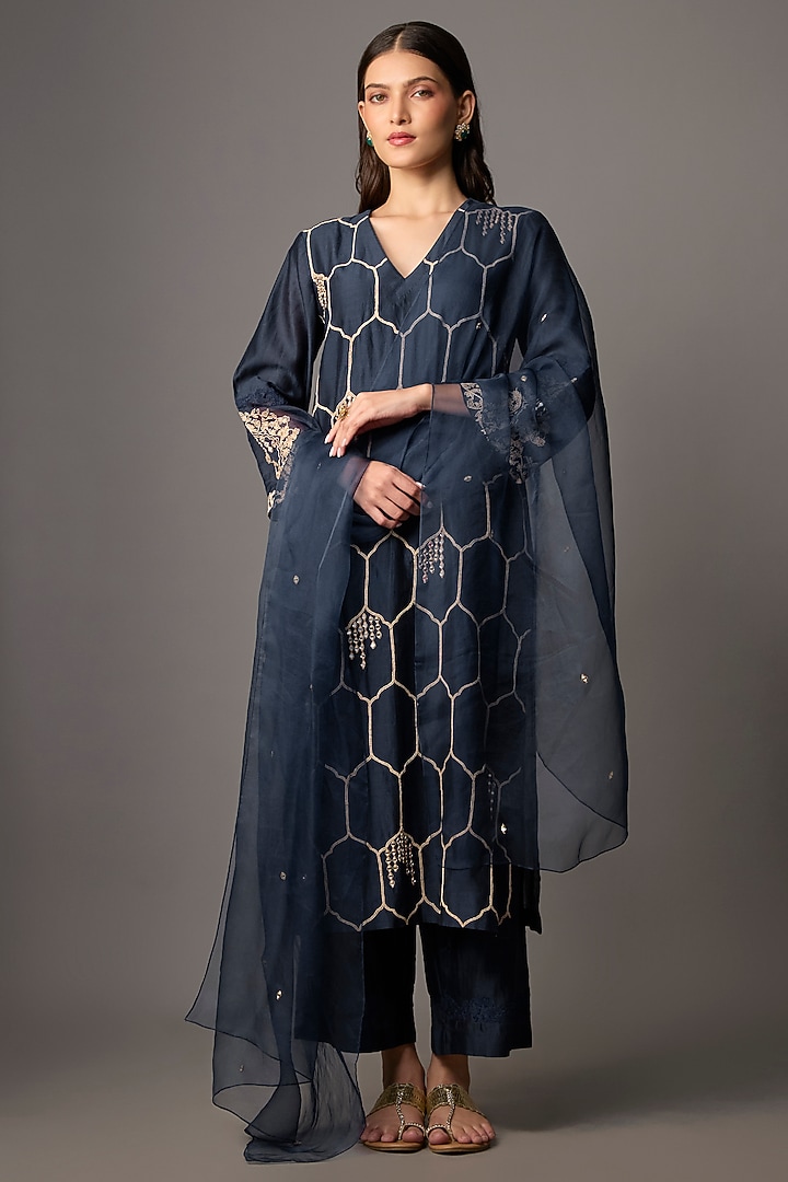 Navy Blue Silk Chanderi Sequins Embroidered Kurta Set by Devnaagri at Pernia's Pop Up Shop