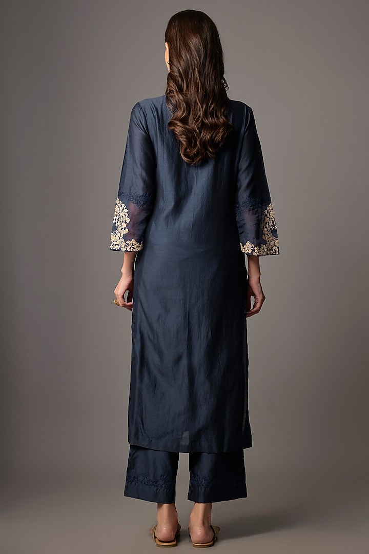 Navy Blue Silk Chanderi Sequins Embroidered Kurta Set by Devnaagri at Pernia's Pop Up Shop