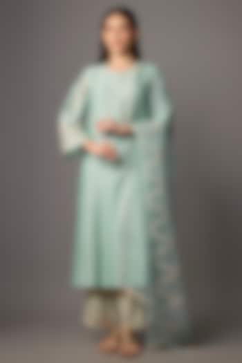 Aqua Blue Silk Chanderi Sequins Embroidered Kurta Set by Devnaagri at Pernia's Pop Up Shop