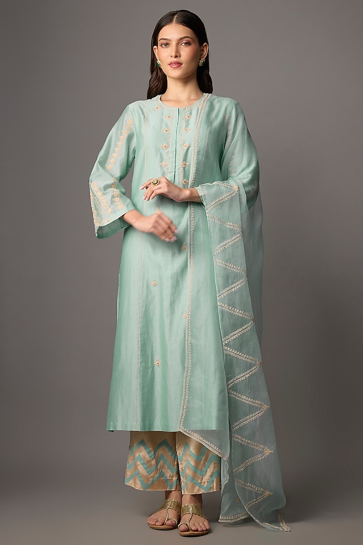 Aqua Blue Silk Chanderi Sequins Embroidered Kurta Set by Devnaagri at Pernia's Pop Up Shop