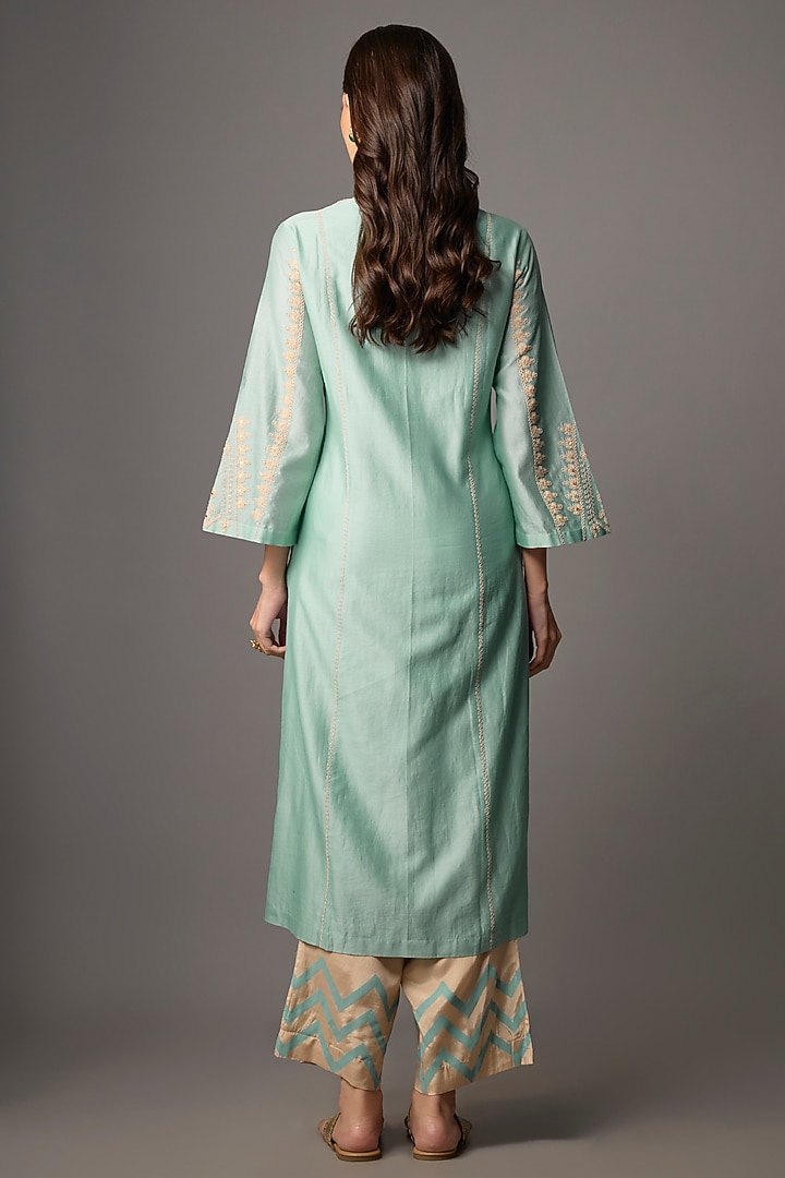 Aqua Blue Silk Chanderi Sequins Embroidered Kurta Set by Devnaagri at Pernia's Pop Up Shop