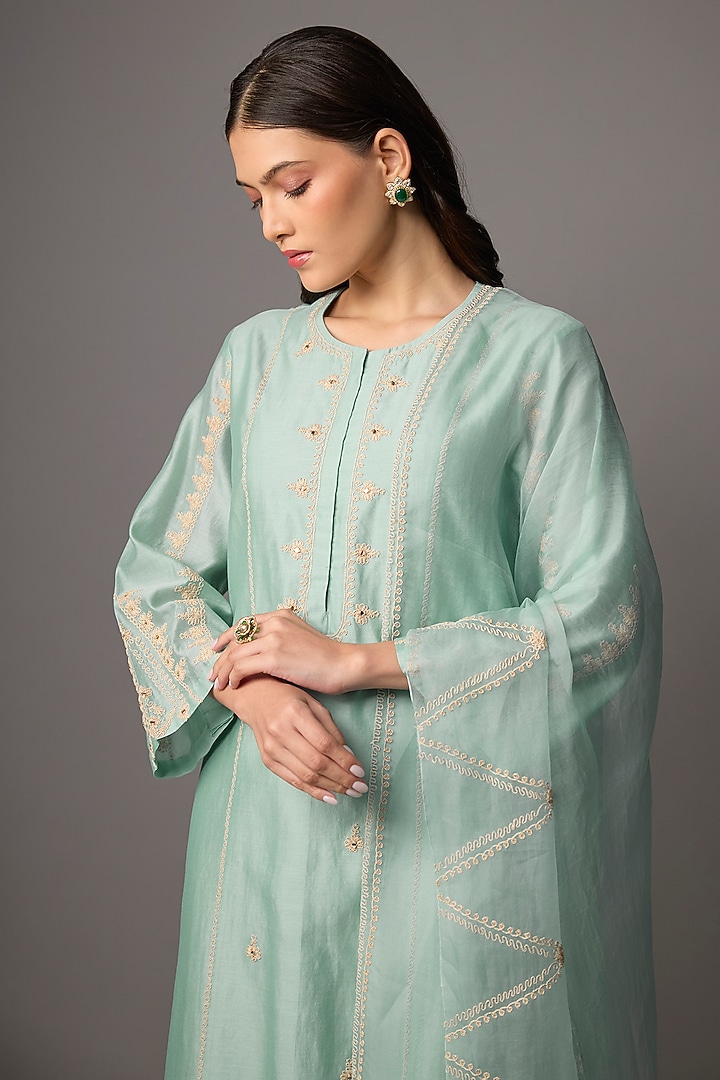 Aqua Blue Silk Chanderi Sequins Embroidered Kurta Set by Devnaagri at Pernia's Pop Up Shop