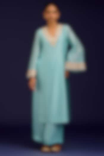 Aqua Blue Silk Chanderi Mirror Embroidered Kurta Set by Devnaagri at Pernia's Pop Up Shop