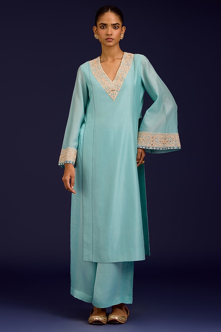Aqua Blue Silk Chanderi Mirror Embroidered Kurta Set by Devnaagri at Pernia's Pop Up Shop