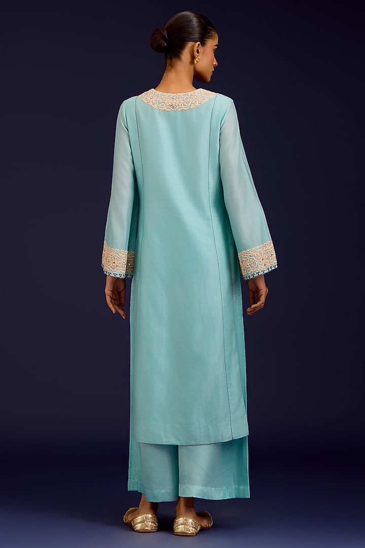 Aqua Blue Silk Chanderi Mirror Embroidered Kurta Set by Devnaagri at Pernia's Pop Up Shop