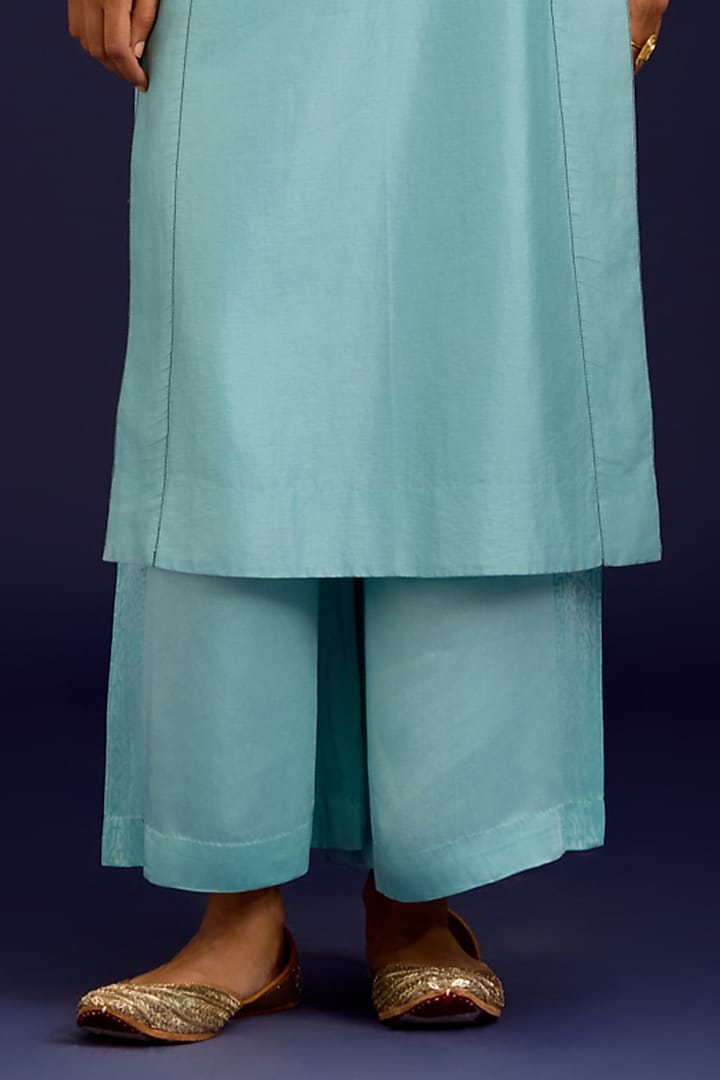 Aqua Blue Silk Chanderi Mirror Embroidered Kurta Set by Devnaagri at Pernia's Pop Up Shop
