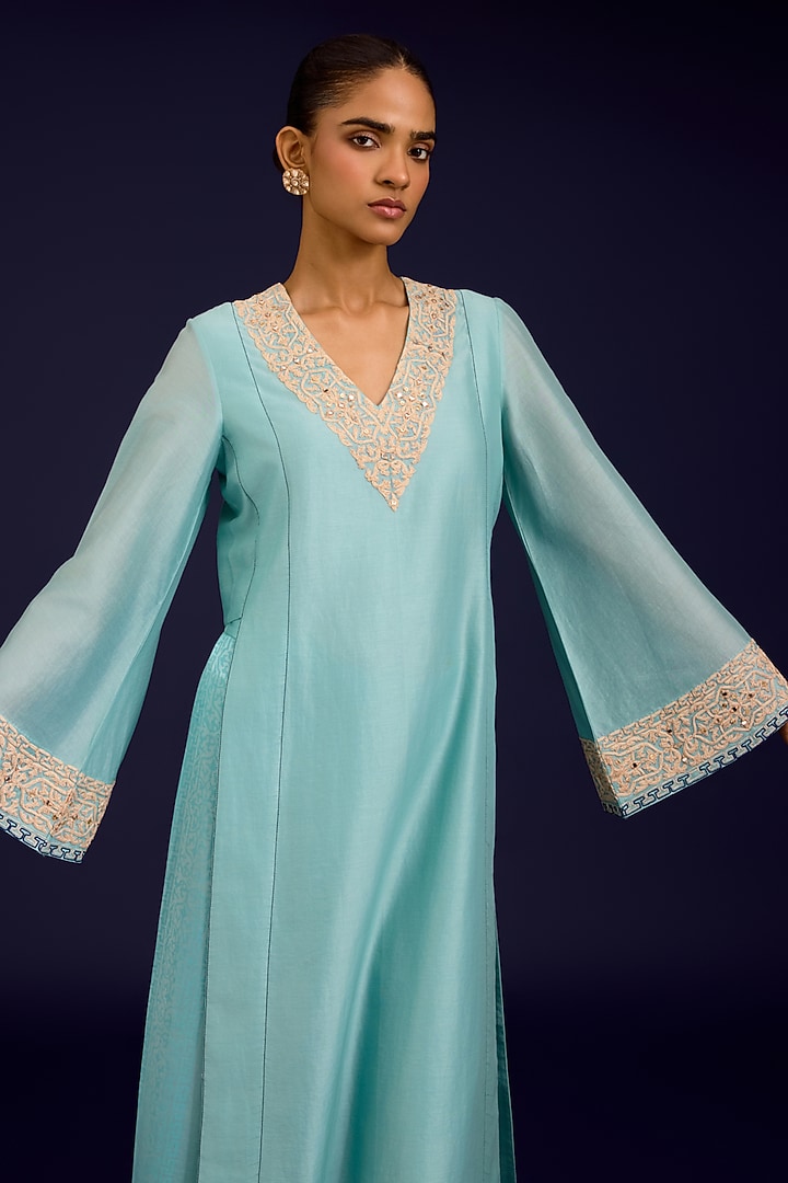 Aqua Blue Silk Chanderi Mirror Embroidered Kurta Set by Devnaagri at Pernia's Pop Up Shop