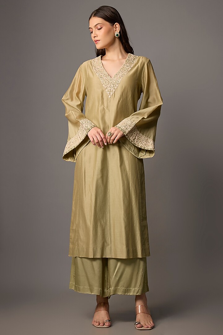 Pista Green Silk Chanderi Sequins Embroidered Kurta Set by Devnaagri at Pernia's Pop Up Shop