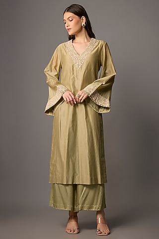 satin punjabi dress for women Brown Floral Embroidered Satin Punjabi Suit Set (ACA6735)
