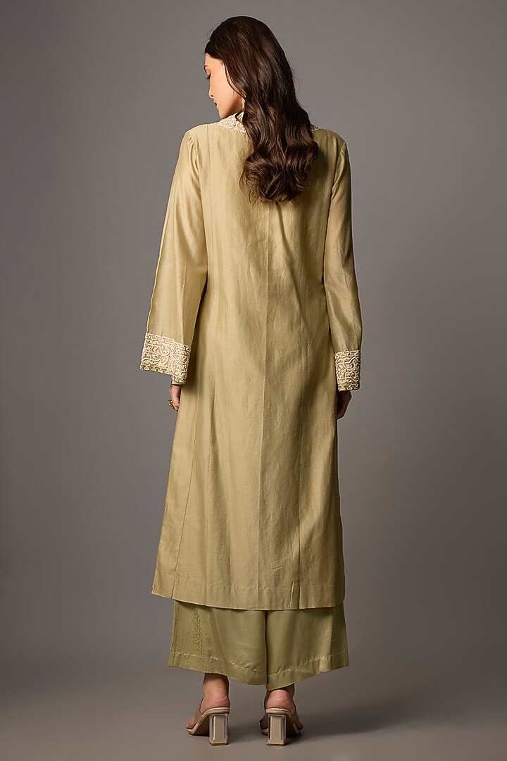 Pista Green Silk Chanderi Sequins Embroidered Kurta Set by Devnaagri at Pernia's Pop Up Shop