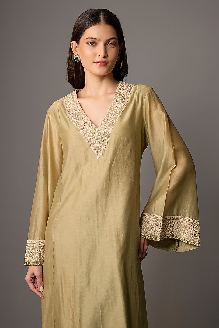 Pista Green Silk Chanderi Sequins Embroidered Kurta Set by Devnaagri at Pernia's Pop Up Shop