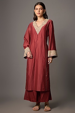 satin punjabi dress for women Brown Floral Embroidered Satin Punjabi Suit Set (ACA6735)