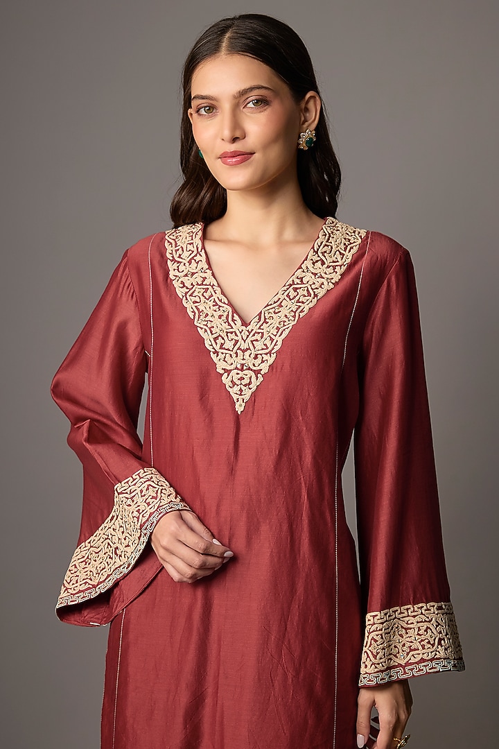 Rust Silk Chanderi Sequins Embroidered Kurta Set by Devnaagri at Pernia's Pop Up Shop