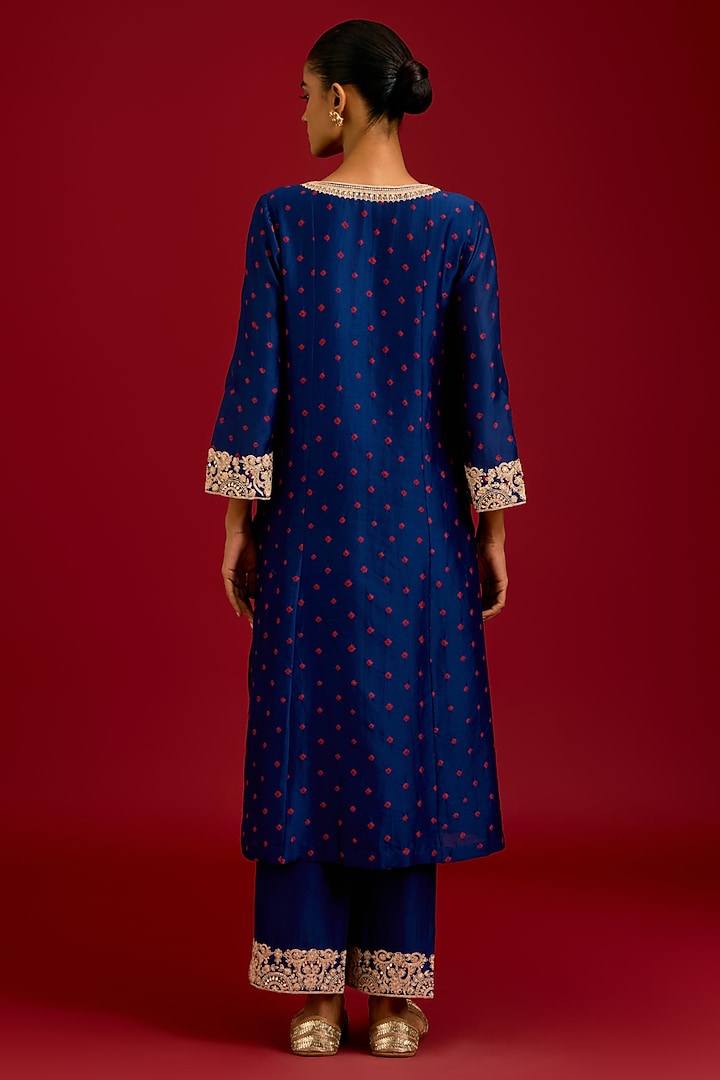 Navy Blue Bandhej Thread Embroidered Kurta Set by Devnaagri at Pernia's Pop Up Shop
