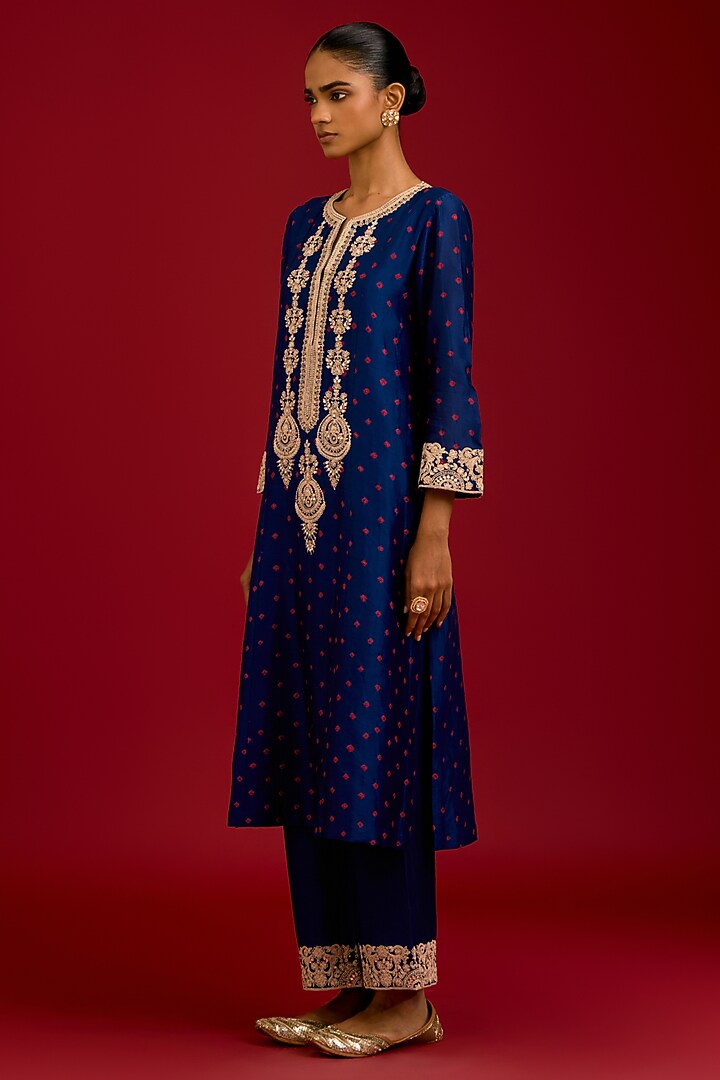 Navy Blue Bandhej Thread Embroidered Kurta Set by Devnaagri at Pernia's Pop Up Shop