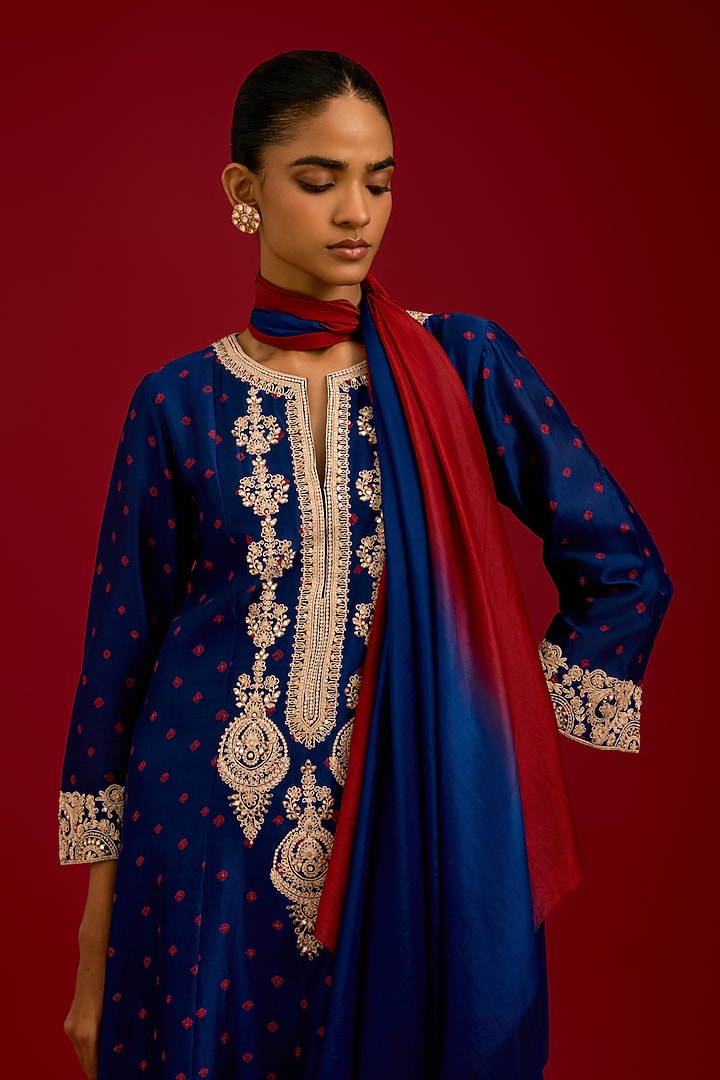 Navy Blue Bandhej Thread Embroidered Kurta Set by Devnaagri at Pernia's Pop Up Shop