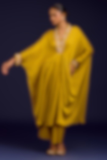 Mustard Modal Satin Mirror Embroidered Kaftan Set by Devnaagri at Pernia's Pop Up Shop