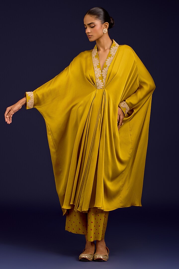 Mustard Modal Satin Mirror Embroidered Kaftan Set by Devnaagri at Pernia's Pop Up Shop
