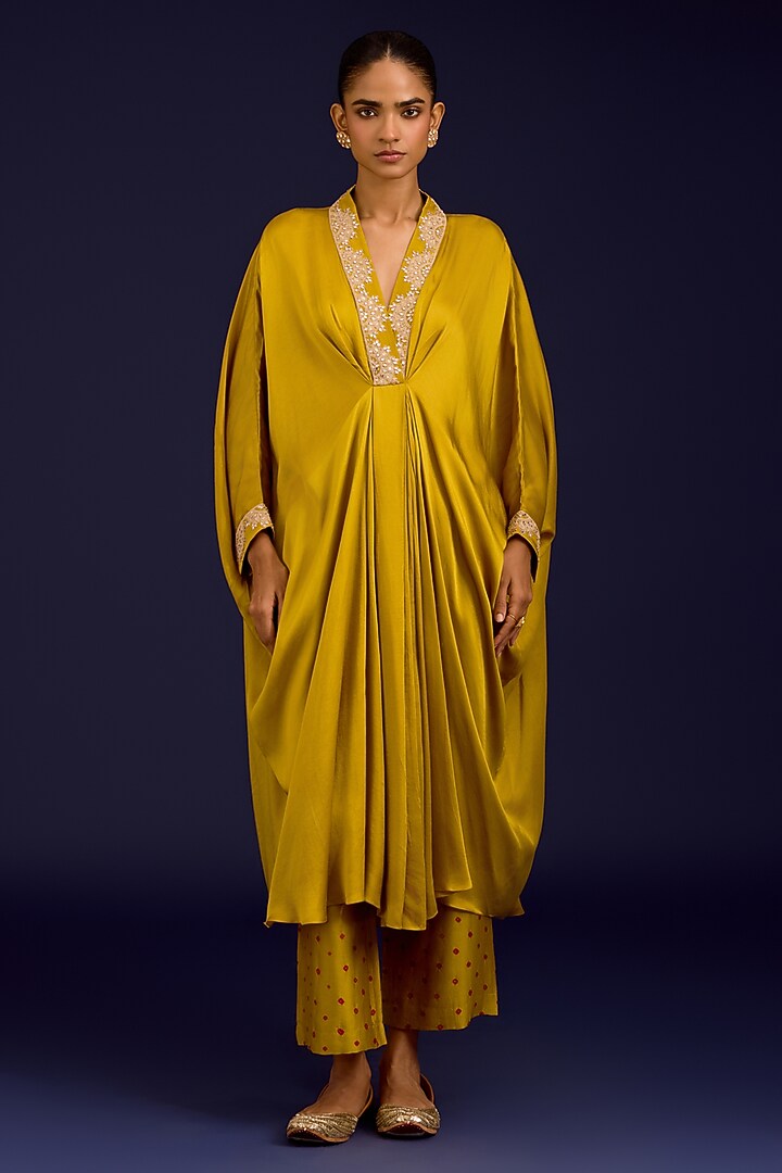 Mustard Modal Satin Mirror Embroidered Kaftan Set by Devnaagri at Pernia's Pop Up Shop