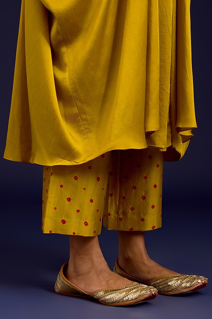 Mustard Modal Satin Mirror Embroidered Kaftan Set by Devnaagri at Pernia's Pop Up Shop