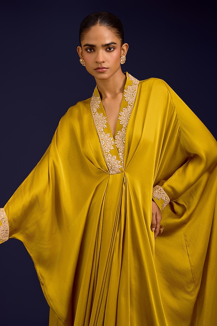 Mustard Modal Satin Mirror Embroidered Kaftan Set by Devnaagri at Pernia's Pop Up Shop