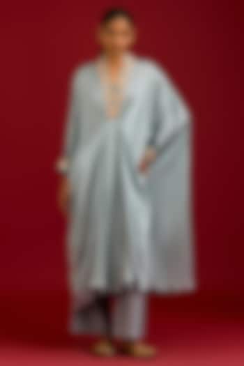 Grayish Blue Modal Satin Mirror Embroidered Kaftan Set by Devnaagri at Pernia's Pop Up Shop