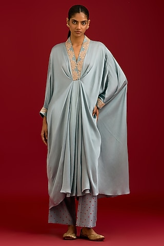 Grayish Blue Modal Satin Mirror Embroidered Kaftan Set by Devnaagri