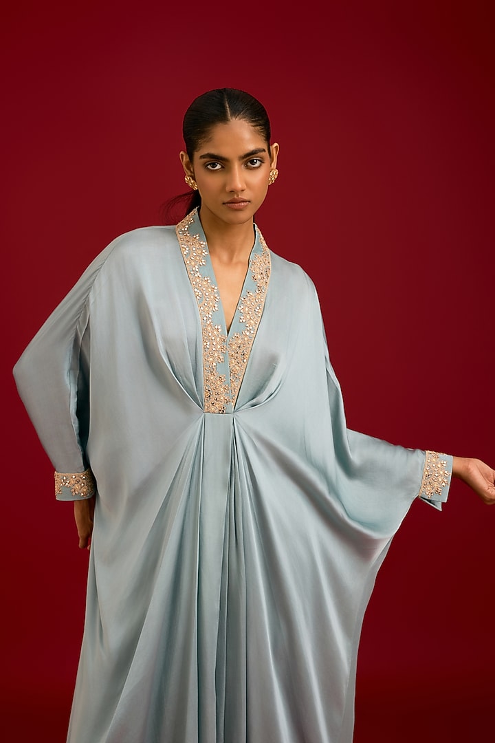 Grayish Blue Modal Satin Mirror Embroidered Kaftan Set by Devnaagri at Pernia's Pop Up Shop