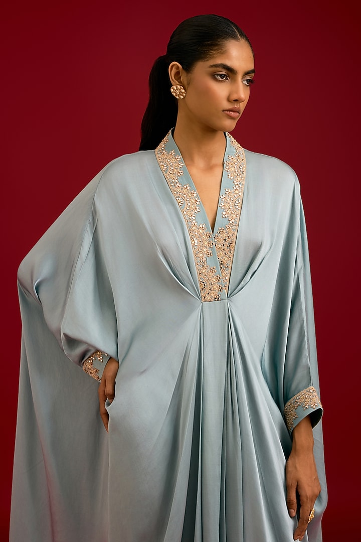 Grayish Blue Modal Satin Mirror Embroidered Kaftan Set by Devnaagri at Pernia's Pop Up Shop