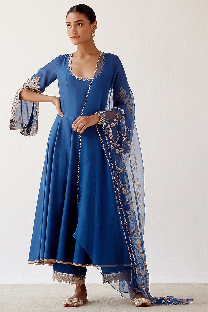 Blue Embroidered Wedding Anarkali Set by Devnaagri at Pernia's Pop Up Shop