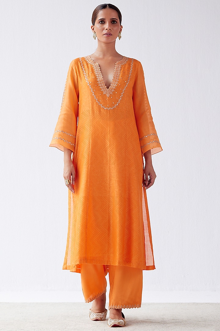 Orange Embroidered Kurta Set by Devnaagri at Pernia's Pop Up Shop