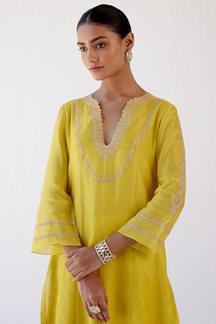 Peetambara Yellow Gold Embroidered Cutwork Mori Kurta Set