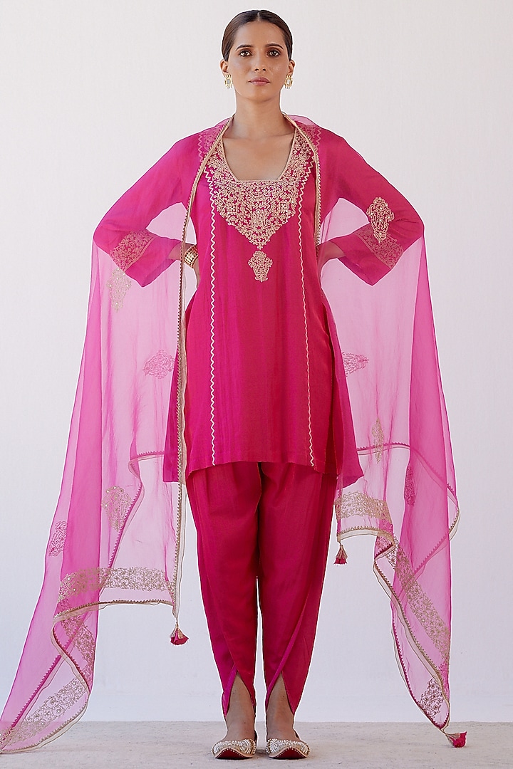 Fuschia Cotton Silk Satin Dhoti Set by Devnaagri at Pernia's Pop Up Shop