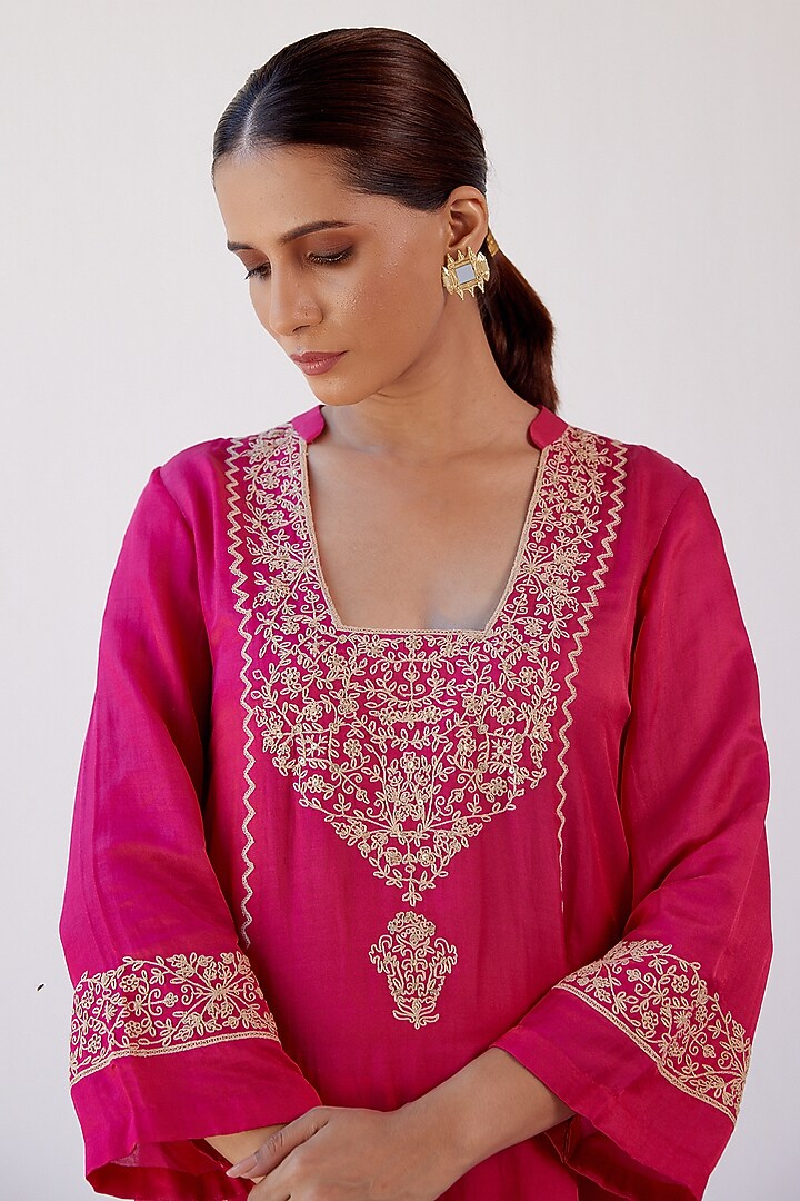 Fuschia Cotton Silk Satin Dhoti Set by Devnaagri at Pernia's Pop Up Shop