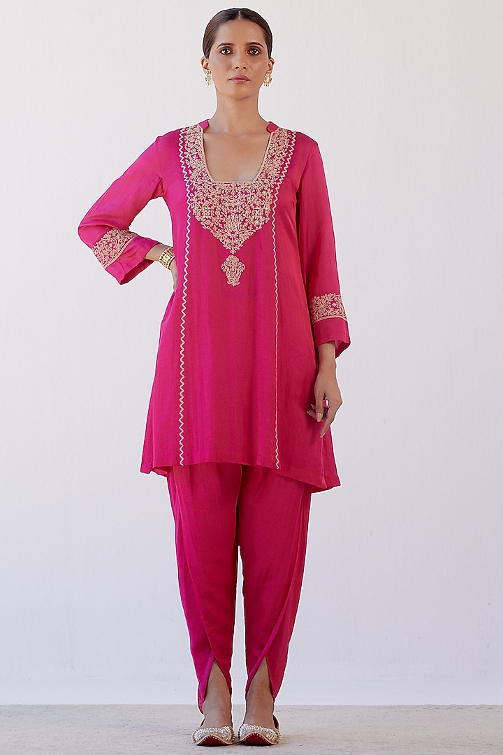 Fuschia Cotton Silk Satin Dhoti Set by Devnaagri at Pernia's Pop Up Shop
