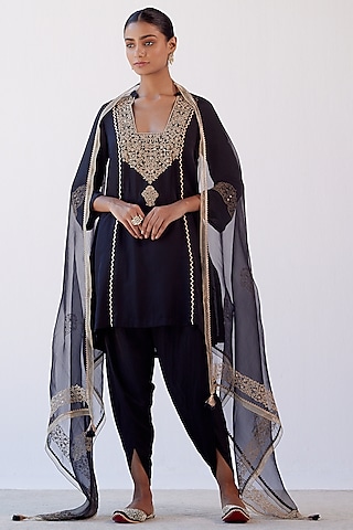 Black Cotton Silk Satin Dhoti Set by Devnaagri